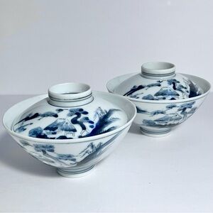 2 Vintage Japanese COVERED BOWLS / Landscape In COBALT BLUE / Marked / ONE CHIP